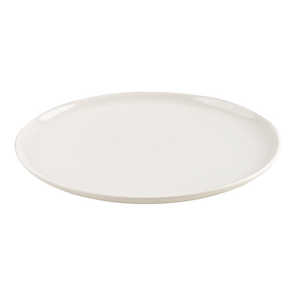 A plain, round, white plate with a smooth surface and slightly raised edge.