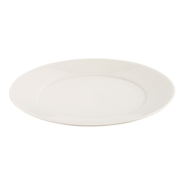 A plain, round, white plate with a slightly raised rim, shown on a white background.