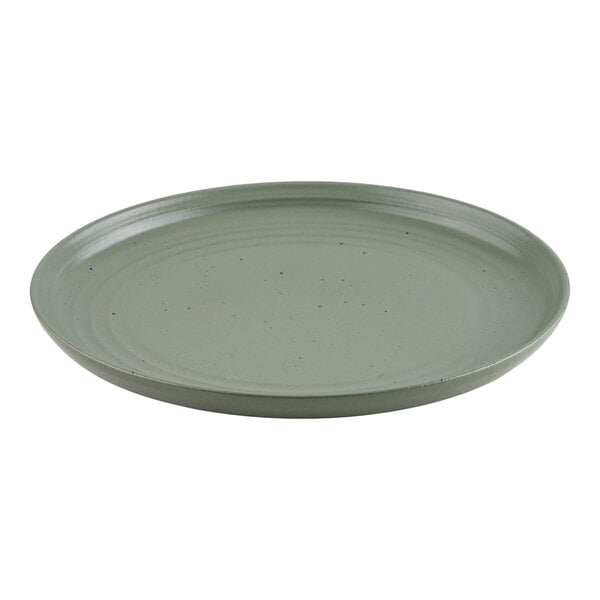 A round, flat, light green plate with a slightly raised rim and subtle speckled pattern.