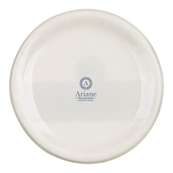 A round, ivory-colored porcelain dish with a logo and text printed in blue at the center.