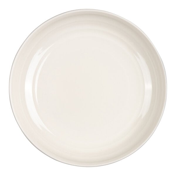 A round, shallow, ivory-colored bowl with a smooth, glossy finish.