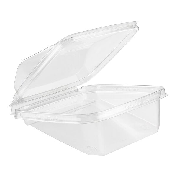 A clear plastic hinged container with a dome lid, shown open and empty.