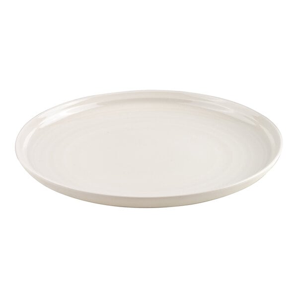 A plain, round, ivory-colored plate with a smooth, glossy finish.