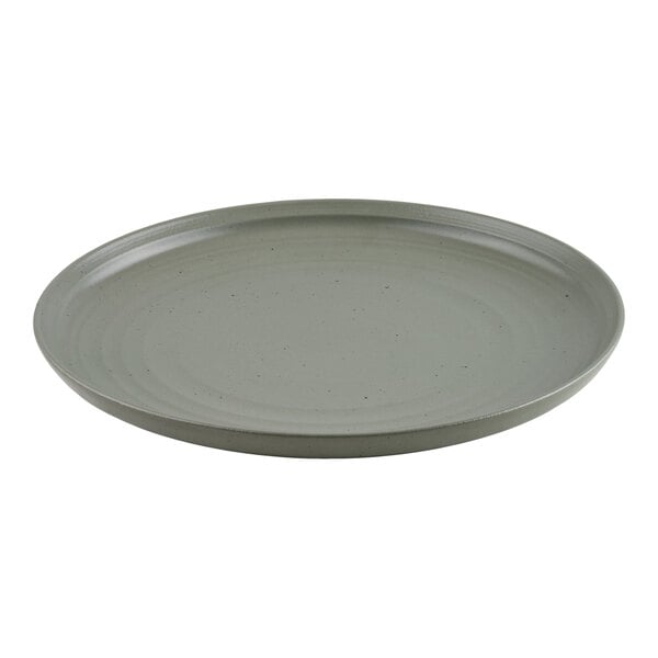 A round, flat, light green plate with a slightly raised rim and a smooth, matte finish.