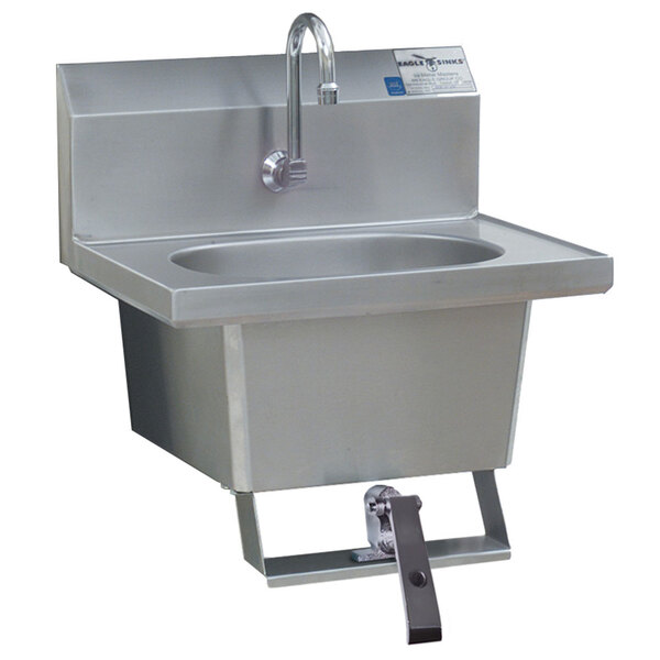 A stainless steel Eagle Group wall mount hand sink with a gooseneck faucet and basket drain.