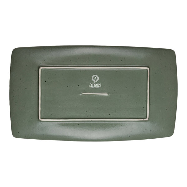 A rectangular green platter with a slightly raised rim and a speckled finish, viewed from above.