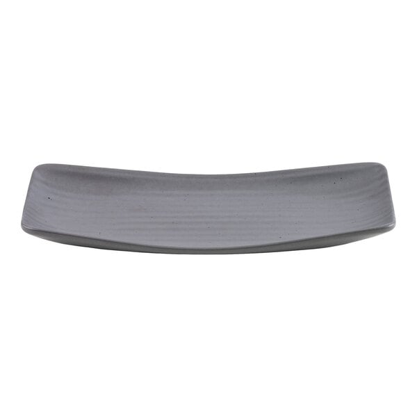 A rectangular gray platter with slightly curved edges and a smooth surface.