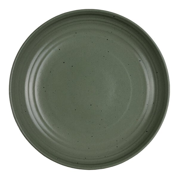 A round, green, shallow bowl with a smooth surface and subtle speckled pattern.