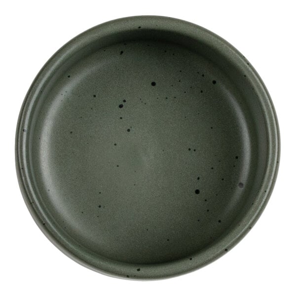 A round, green dish with a speckled pattern viewed from above.