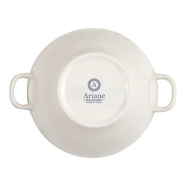 A white round bowl with two handles, viewed from the bottom, displaying the brand name and origin mark in the center.