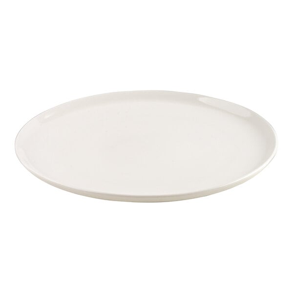 A plain, round, white plate with a slightly raised edge, shown on a white background.