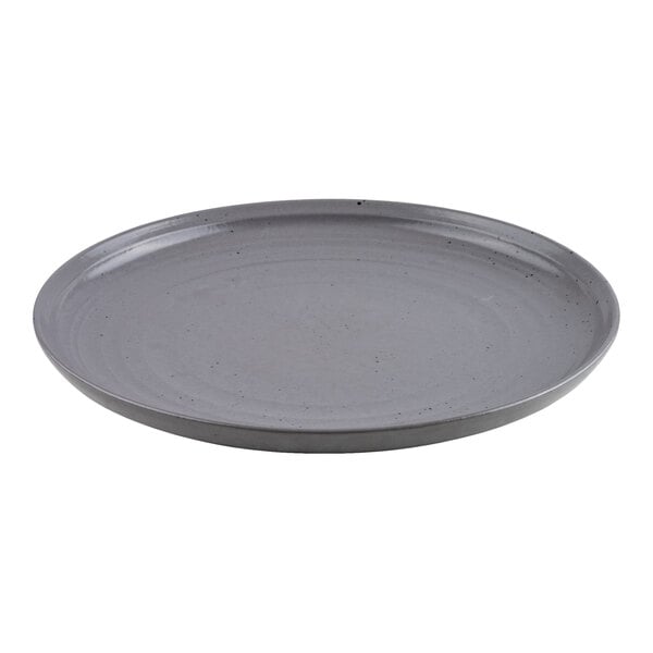 A round, gray plate with a smooth surface and slightly raised rim.