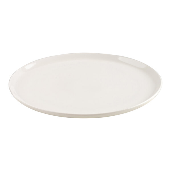 A plain, round, ivory-colored plate with a smooth surface and slightly raised edge.
