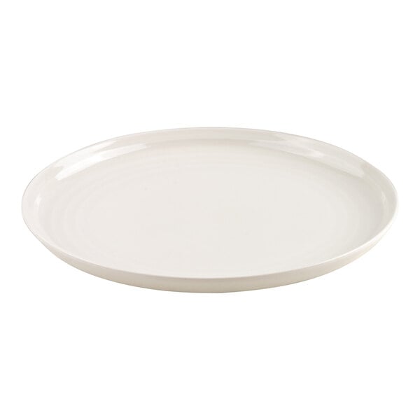 A plain, round, white plate with a slightly raised rim, shown against a white background.