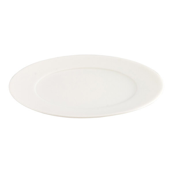 A plain, round, white plate with a smooth surface and slightly raised rim.