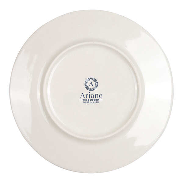 A white round plate is shown upside down, displaying the manufacturer's logo and text at the center.