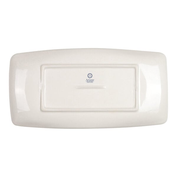 A rectangular, ivory-colored porcelain platter with a smooth, glossy finish and a small logo in the center.