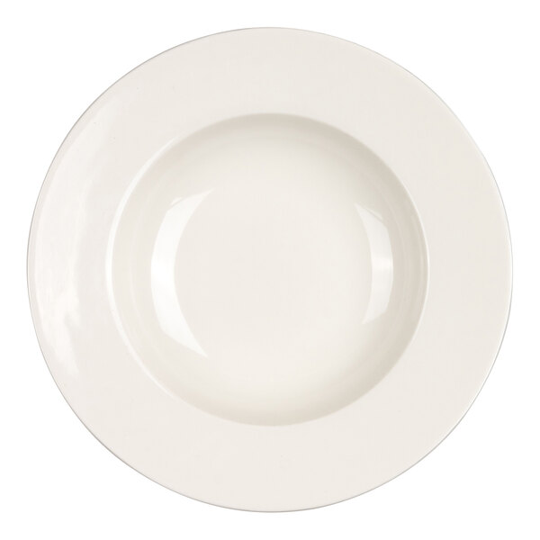 A round, ivory-colored deep plate with a wide rim, viewed from above.