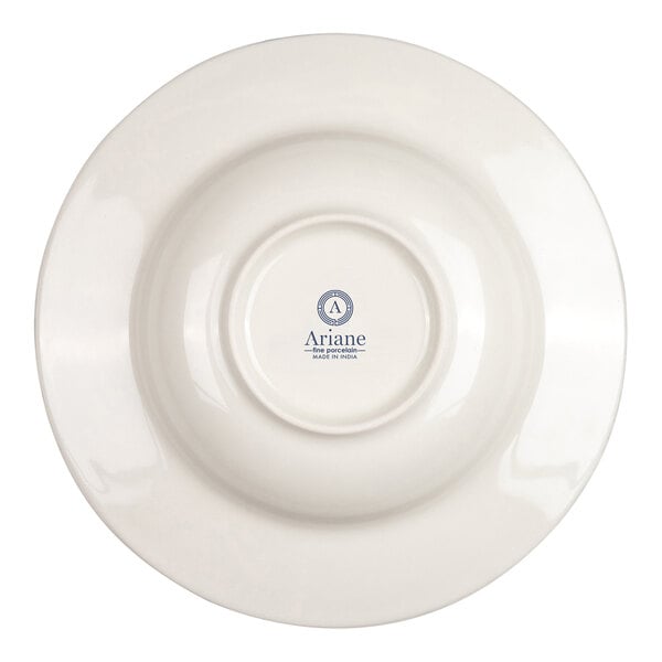 A white porcelain plate with a deep center and a logo with text on the bottom.