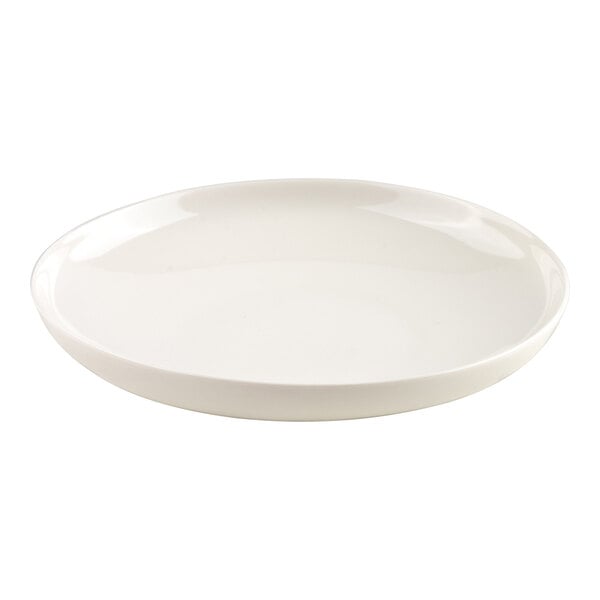 A plain, round, shallow white bowl with a smooth surface and slightly raised rim.
