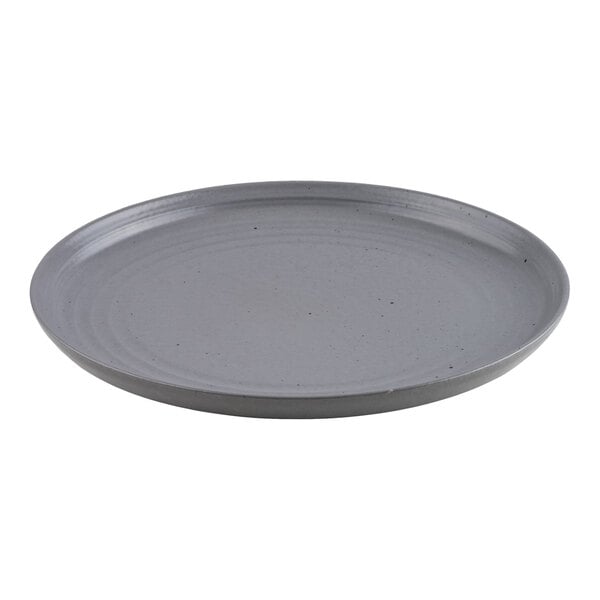 A round, gray plate with a smooth surface and slightly raised rim.
