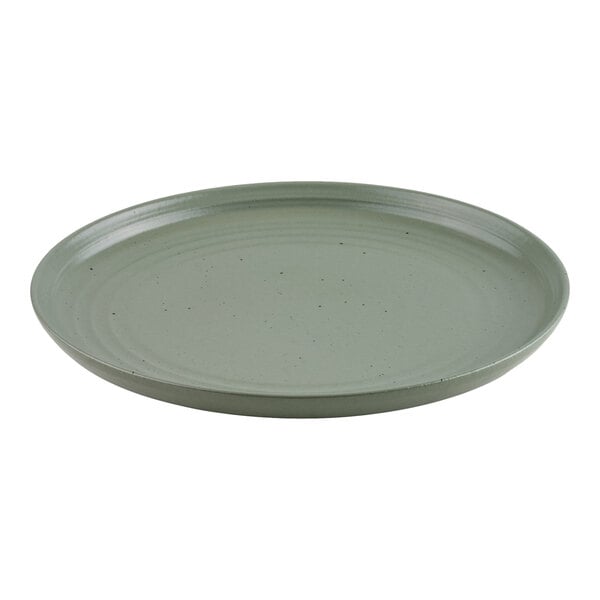 A round, light green plate with a slightly raised rim and a smooth, matte finish.