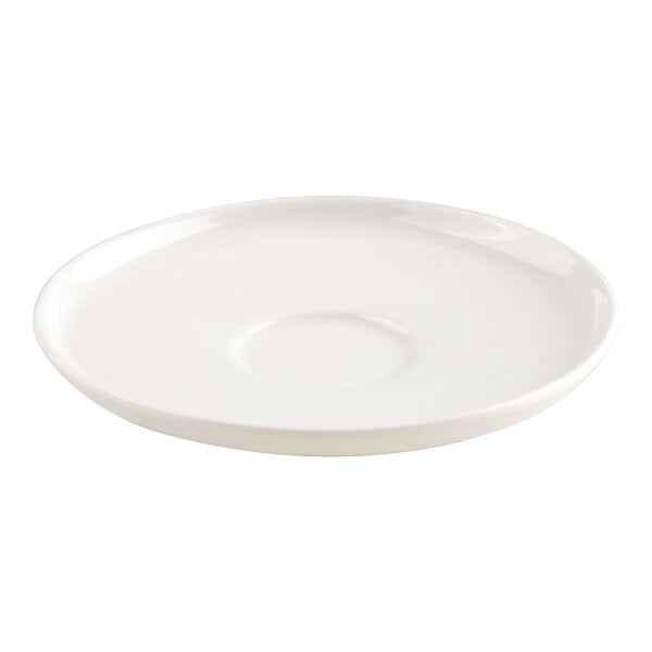 A round, white saucer with a slightly raised rim and a circular indentation in the center.