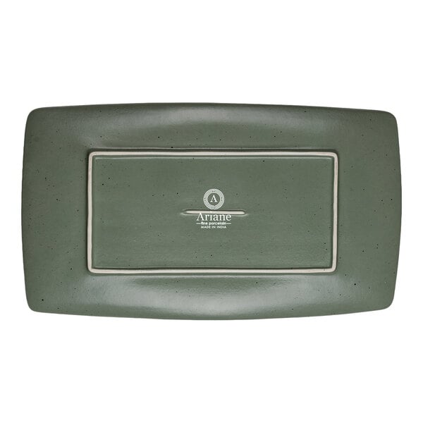 A rectangular green porcelain platter with a slightly raised edge and a smooth, speckled finish, viewed from above.