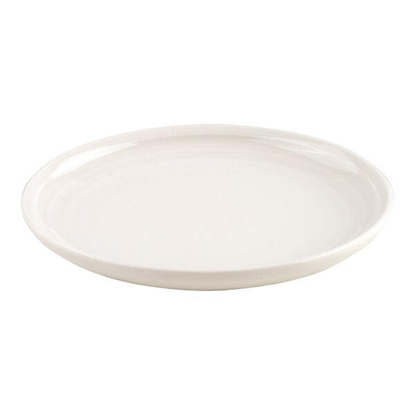 A plain, round, white plate with a slightly raised rim, shown on a white background.