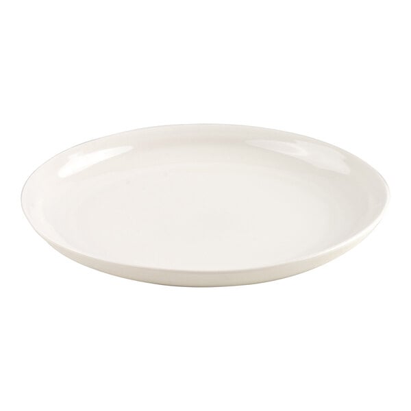 A plain, round, white plate with a slightly raised rim, shown on a white background.