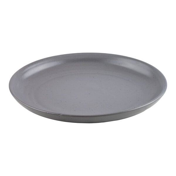 A round, gray plate with a smooth, slightly glossy finish and a shallow rim.
