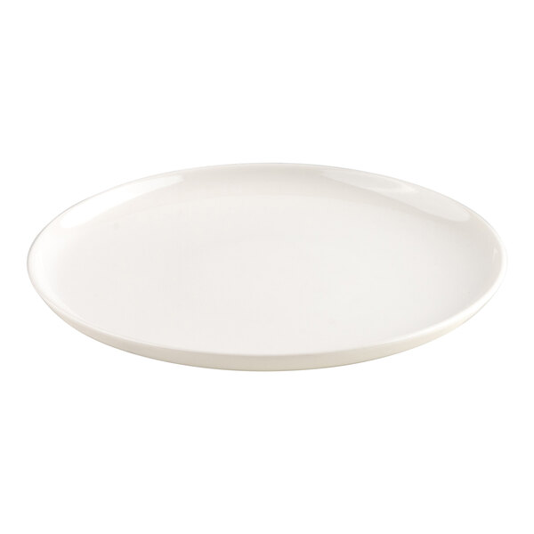 A plain, round, white plate with a slightly raised rim, shown against a white background.