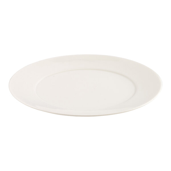 A plain, round, white plate with a slightly raised rim, shown against a white background.