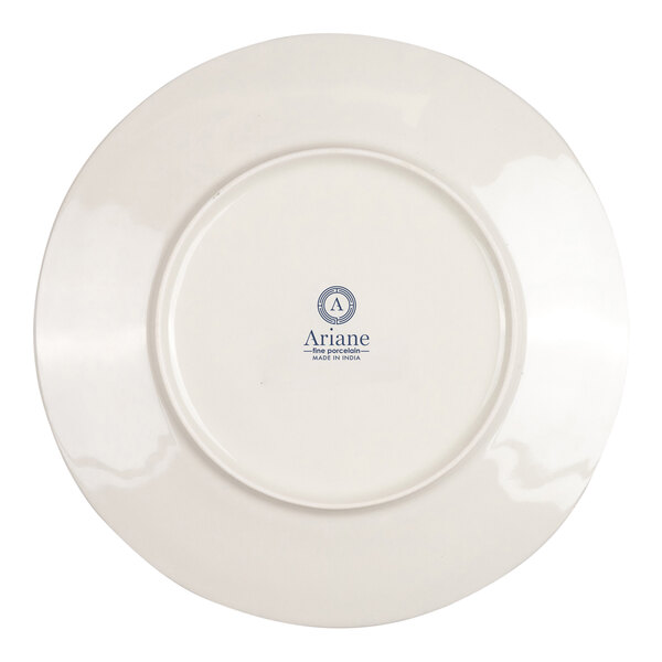 A round ivory porcelain plate shown from the bottom with a central logo and text.