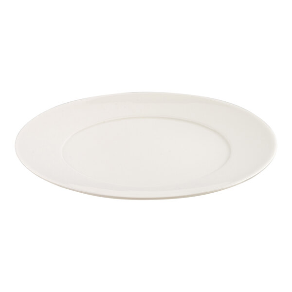 A plain, round, ivory-colored plate with a slightly raised rim, shown on a white background.