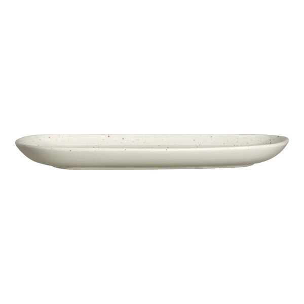 A white oval tray with subtle speckled patterns, viewed from the side.