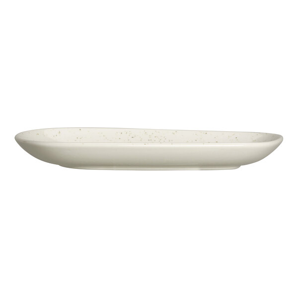 A white oval tray with subtle speckled patterns, viewed from the side.