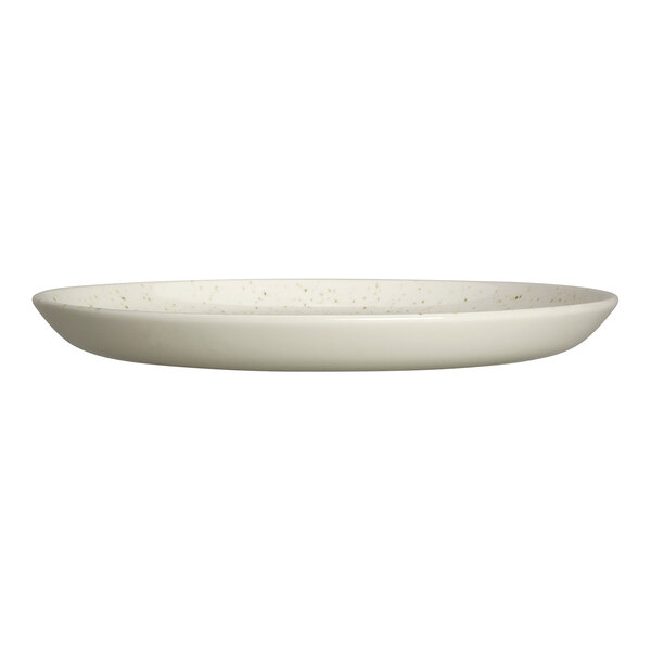 A side view of a shallow, round, off-white plate with subtle speckled detailing.