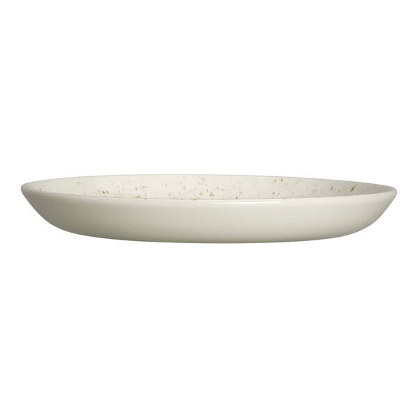 A shallow, round, white plate with subtle speckled detailing on the inner surface.