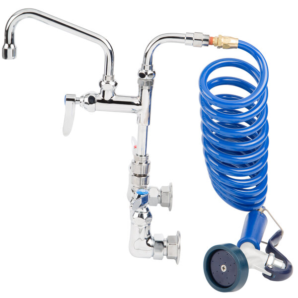 A T&S pet grooming faucet with a blue coiled hose.