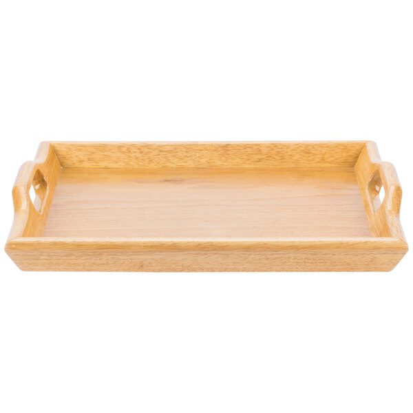 A rectangular wooden tray with raised edges and cut-out handles on both shorter sides.