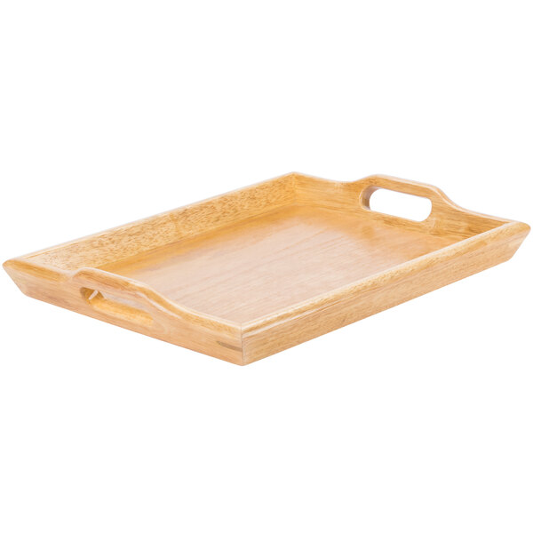 A rectangular wooden tray with raised edges and cut-out handles on each side.