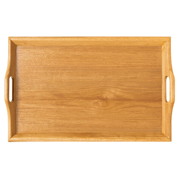 A rectangular wooden tray with raised edges and handles on both shorter sides.