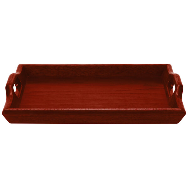 A rectangular wooden tray with raised edges and handles on both sides, finished in a mahogany color.