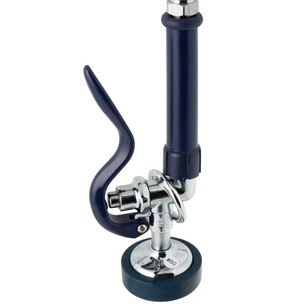 A blue and black metal pipe with a handle.