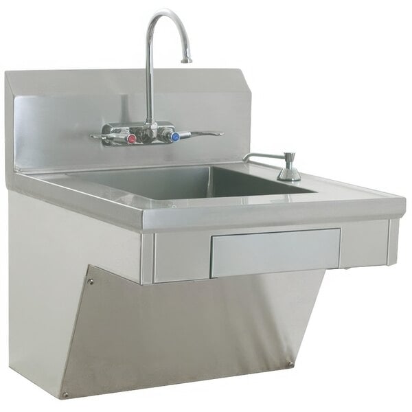 A stainless steel Eagle Group hand sink with a gooseneck faucet and basket drain.