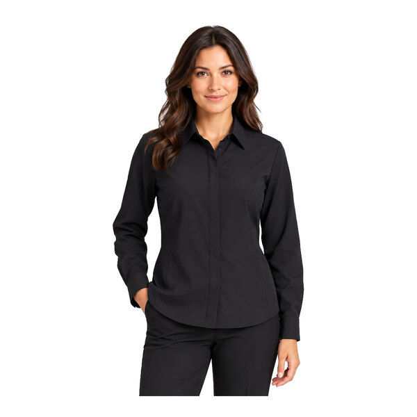 A woman is wearing a long-sleeve, black button-up shirt and matching black pants.