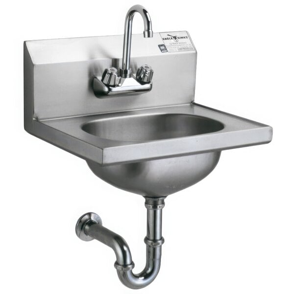 A stainless steel Eagle Group hand sink with a gooseneck faucet and attached pipe.