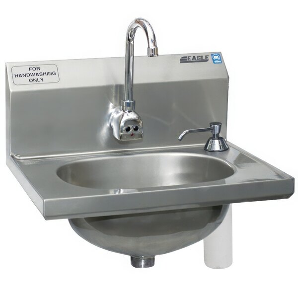 A stainless steel Eagle Group hand sink with a faucet and soap dispenser.