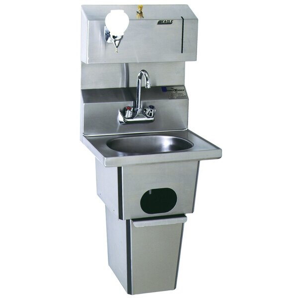 A stainless steel Eagle Group hand sink with a gooseneck faucet.